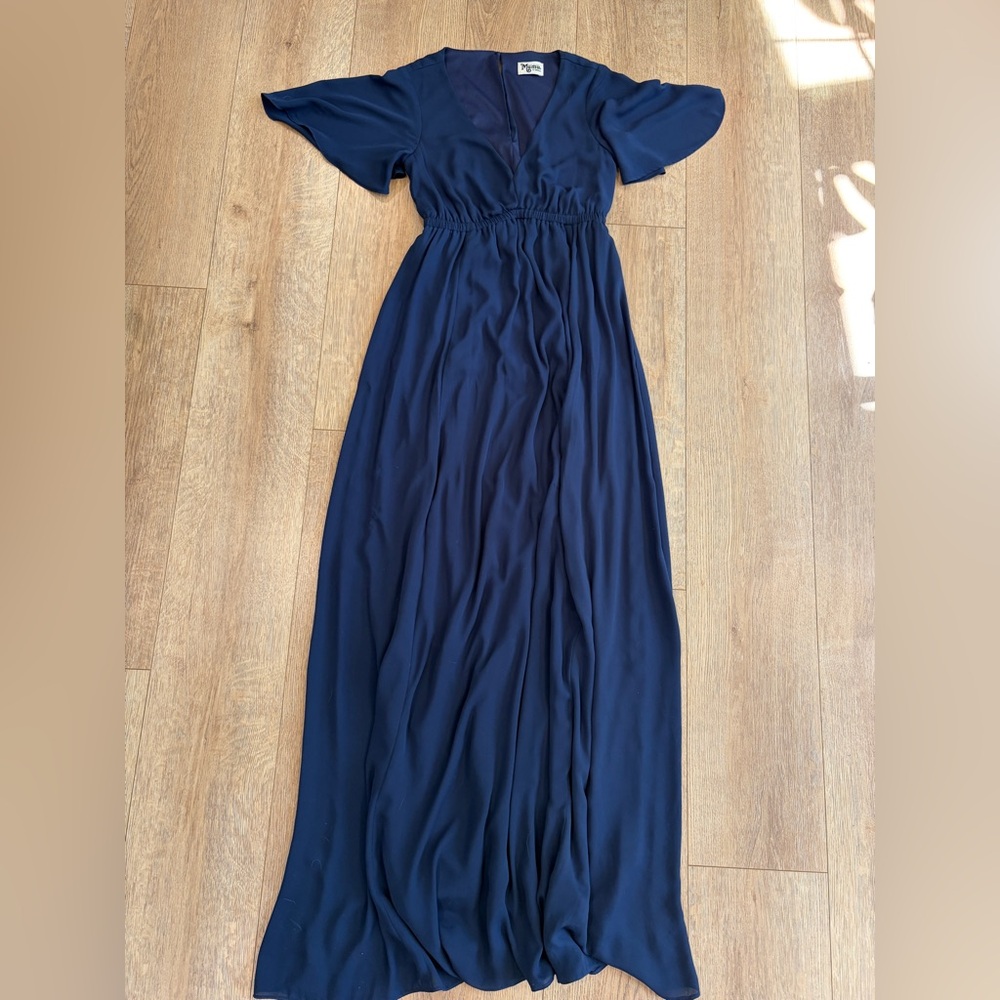 Show Me Your Mumu Navy Flutter Sleeve Maxi Dress Smocked Waist Flowy Formal XS - Picture 4 of 8